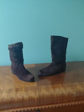 Women's Brown Suede Mid-Calf Boots with Leopard Cuff